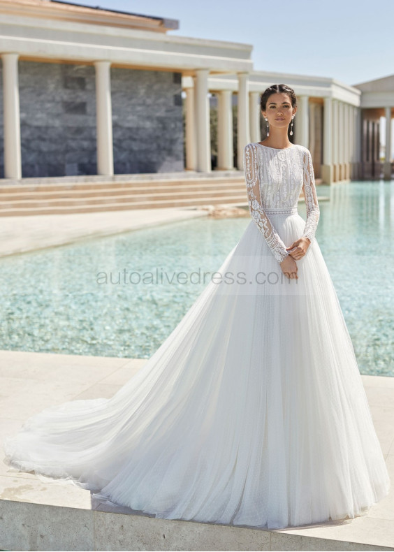 Bateau Neck Ivory Lace Dotted Tulle Beaded Wedding Dress Bateau Neck Ivory Lace Dotted Tulle Beaded Wedding Dress